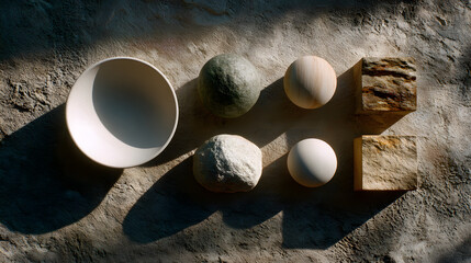 A minimalist arrangement of various geometric shapes, including spheres and cubes, casting soft shadows on a textured surface.
