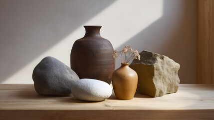 A serene composition of pottery and natural stones on a wooden shelf, illuminated by soft light, creating a peaceful and artistic ambiance.