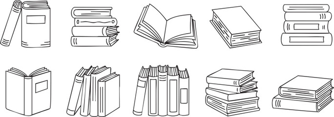 Handdrawn doodle style collection of various books open and closed in stacks and rows for education
