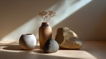 A serene arrangement of textured pottery and stones, illuminated by soft sunlight, creating a calm and minimalist aesthetic.