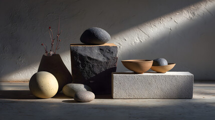 A serene arrangement of stones and ceramic bowls casts soft shadows, showcasing natural textures and earthy tones in a minimalist setting.