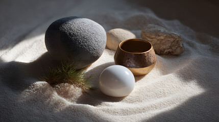 A tranquil arrangement of stones, an egg, and a bowl on soft sand, illuminated by gentle light, creating a serene and minimalist atmosphere.