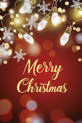 Naklejka premium Festive holiday portrait with glowing yellow lightbulbs, white snowflakes, and 'Merry Christmas' text on a deep red backdrop