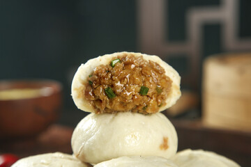 Fresh Handmade Pork and Scallion Steamed Buns Traditional Asian Dumplings