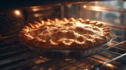 A delectable apple pie baking in an oven. The crust is golden brown and the filling looks irresistibly delicious