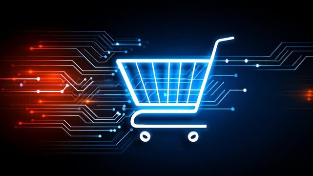Futuristic glowing shopping cart with digital circuit and data flow background. Video.