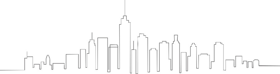 Minimalist continuous line art drawing of a modern city skyline cityscape featuring numerous tall buildings and skyscrapers