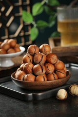 Fresh Shelled Hazelnuts in Wooden Bowl - Organic Nuts for Cooking and Baking