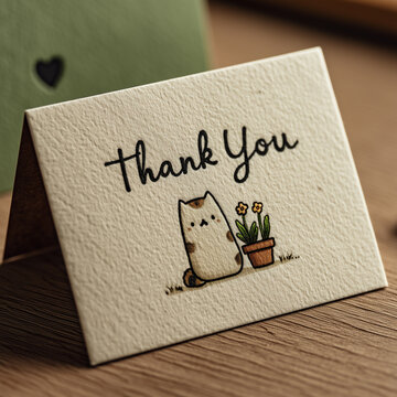 Hand-drawn thank-you card with cat illustration on wooden surface