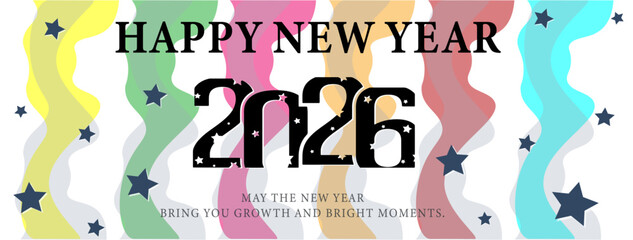 Happy New Year 2026 Celebration Banner – Festive Stars and Wavy Abstract Background – Editable Vector Design