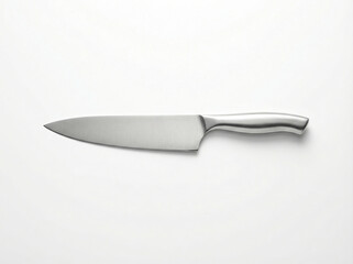 Minimalist high-quality polished stainless steel chef's knife isolated on a pure white studio background with soft shadow