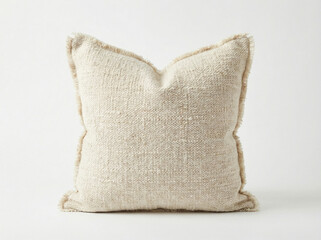 Minimalist square decorative pillow made of natural textured linen fabric with fringed edges isolated on a white background