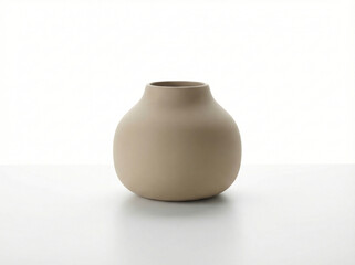 Minimalist matte ceramic vase with smooth curves and a neutral beige or taupe finish isolated on a white surface