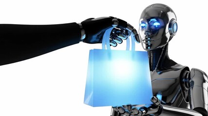 A sleek metallic humanoid robot with glowing blue eyes receives a radiant blue shopping bag from another robotic hand - Powered by Adobe