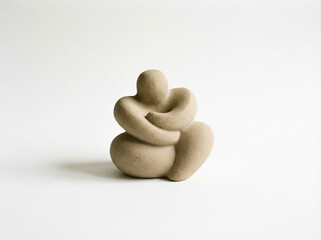 Small abstract modern home decor sculpture in a seated figure shape with a matte beige stone texture isolated on white