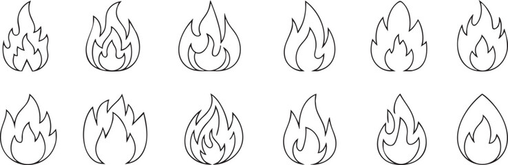 Various flame fire outline icons set showing different shapes and styles simple vector illustration