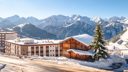 View of the snow-covered mountains in winter from Alpe d'Huez