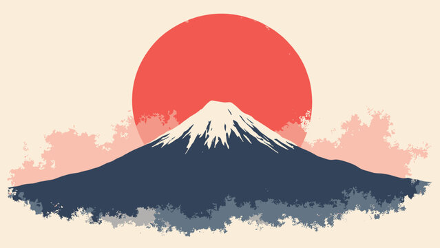 Mount Fuji peak with snow cap, bold black silhouette against a large solid red sun, minimalist Japanese art, high contrast, flat vector, white background