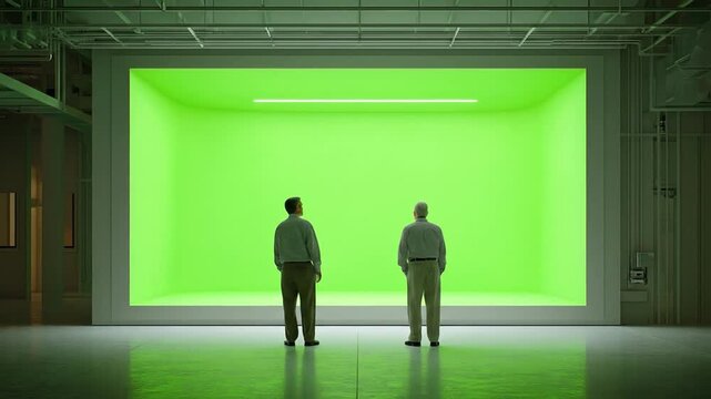 Two men walk in a modern, architectural space. A bright green square glows in the center
