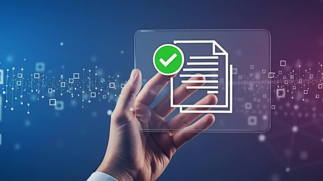 A digital document with a check mark in hand for the concept of approval.