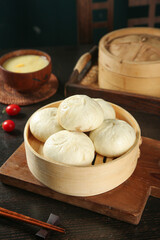 Fresh Handmade Pork Buns with Scallion in Bamboo Steamer - Traditional Asian Dim Sum Cuisine