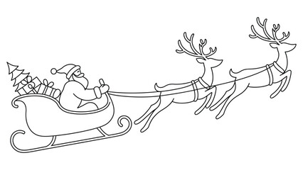 Continuous line art illustration of Santa Claus riding a sleigh with reindeer carrying gifts and Christmas tree in a minimal festive holiday design