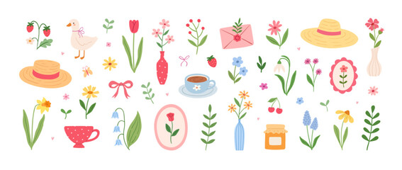Cute cozy set of spring elements with flowers, tea, vases, hats, call duck, berries