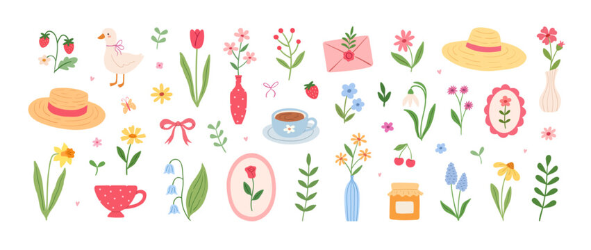 Cute cozy set of spring elements with flowers, tea, vases, hats, call duck, berries