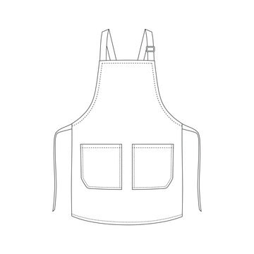 Outline drawing of a bib apron with two front pockets and adjustable straps