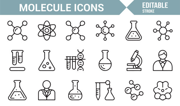 Scientific Research Icon Set Featuring Molecules, Beakers, Cells, Structures, and Test Tube Designs