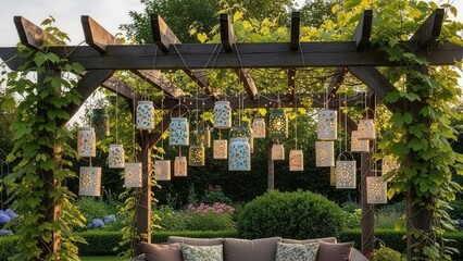 Decorative Outdoor Pergola with Hanging Lanterns and String Lights Overlooking a Lush Garden and Seating Area in Warm Sunlight