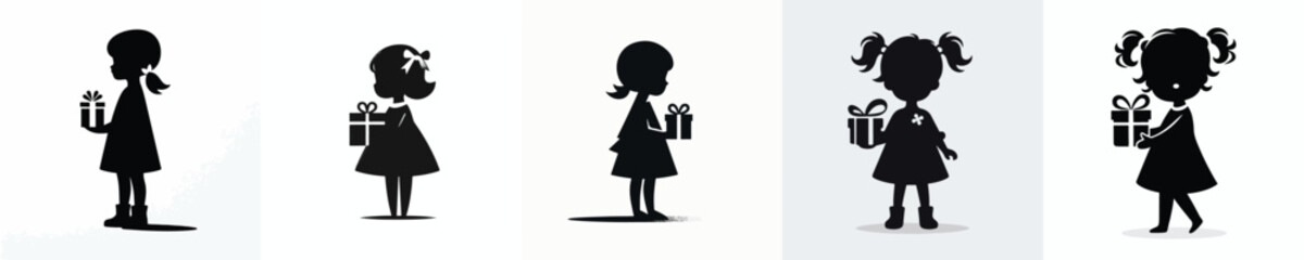 vector silhouette of a little girl carrying a Christmas gift