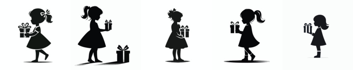vector silhouette of a little girl carrying a Christmas gift