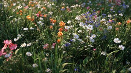 A vibrant meadow filled with an array of colorful wildflowers bathed in sunlight. The scene is a perfect display of nature's beauty and tranquility