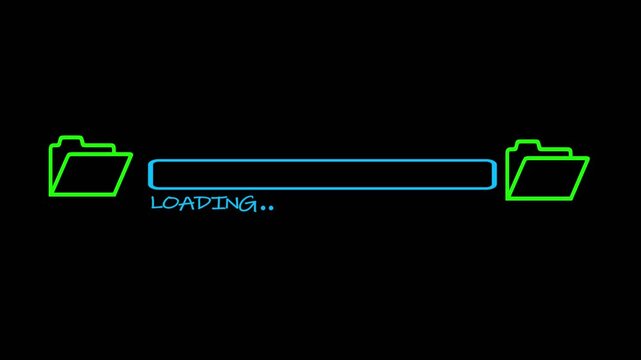 Document file downloading or transfer process with progress bar and loading text icon animation. Fast file transfer, quick torrent of copying data from folder to folder on black background.