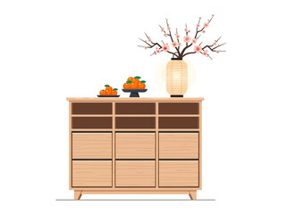 Wooden Cabinet with Oranges and Cherry Blossom Lantern © Afif