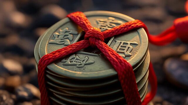 Stacked Ancient Chinese Coins Bound with Red String Symbolizing Prosperity.