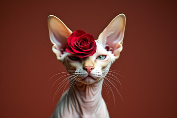 Elegant sphynx cat with red rose on forehead against deep red background