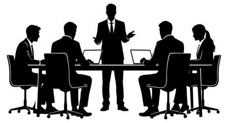 Business meeting silhouette illustration showing team collaboration, corporate discussion, and leadership presentation in office setting
