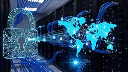 Cybersecurity concept with a padlock and world map. - Powered by Adobe