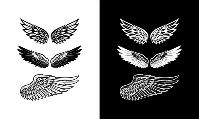 Set of detailed feather wings in clean monochrome outline and shading style.