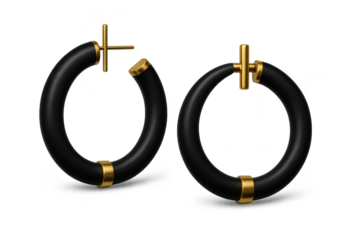 Stylish black hoop earrings with gold accents isolated on transparent background