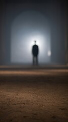 Obraz premium Silhouette of a person in a dimly lit arched passageway.