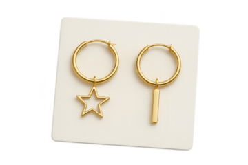 Elegant gold hoop earrings with star and bar charms, isolated on transparent background.