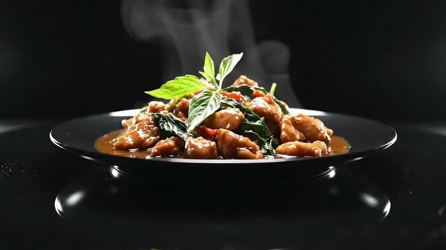 Steaming Hot Pad Krapow Moo, Thai Basil Pork Stir-fry Served on a Black Plate