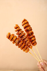 Handmade Spiral Potato Skewers - Traditional Asian Street Food Snack with Glaze and Sesame Seeds