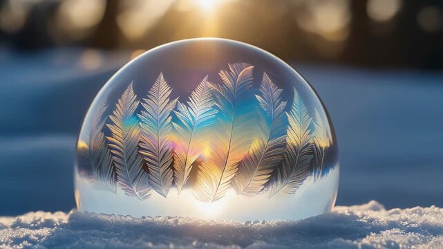 Sunlit Ice Sphere Etched with Fir Trees on Snowy Landscape.