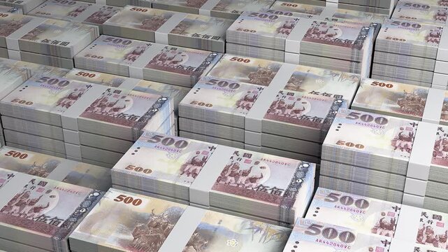 Taiwan 500 New Taiwan Dollar Banknote Horizontal 3D Animation ? Financial Money Flow, Business, Banking, Economy Growth and Currency Exchange Visualization