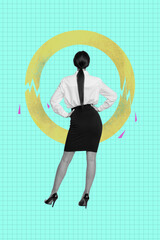 Business optimization collage with stylish person standing inside dynamic stats ring on background