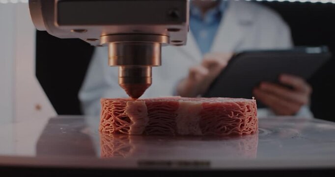 3D printing of lab-grown meat protein. Food technology concept.